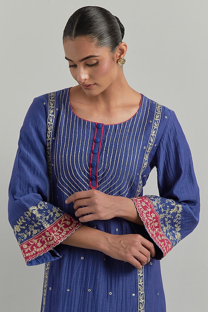 Blue Chanderi Hand Embroidered Kurta Set by Ikshita Choudhary at Pernia's Pop Up Shop