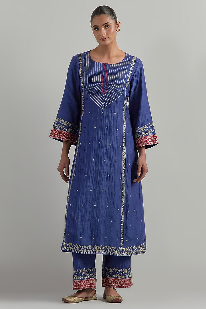 Blue Chanderi Hand Embroidered Kurta Set by Ikshita Choudhary at Pernia's Pop Up Shop
