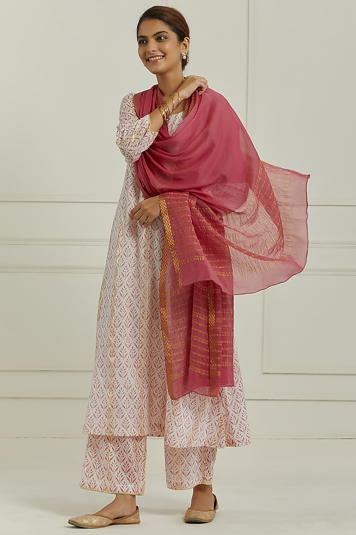 Pink Cotton Printed Kurta Set by Ikshita Choudhary