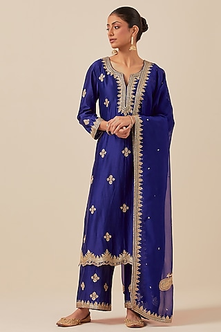 Blue Chanderi Silk Hand Embroidered Kurta Set by Ikshita Choudhary