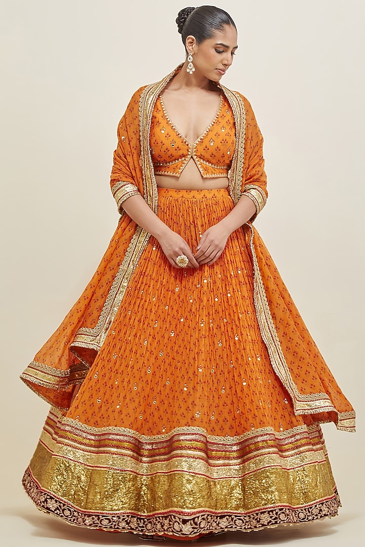 Orange Chanderi Block Printed & Embroidered Wedding Lehenga Set by Ikshita Choudhary at Pernia's Pop Up Shop