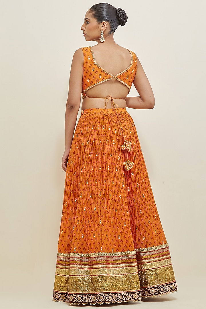 Orange Chanderi Block Printed & Embroidered Wedding Lehenga Set by Ikshita Choudhary at Pernia's Pop Up Shop