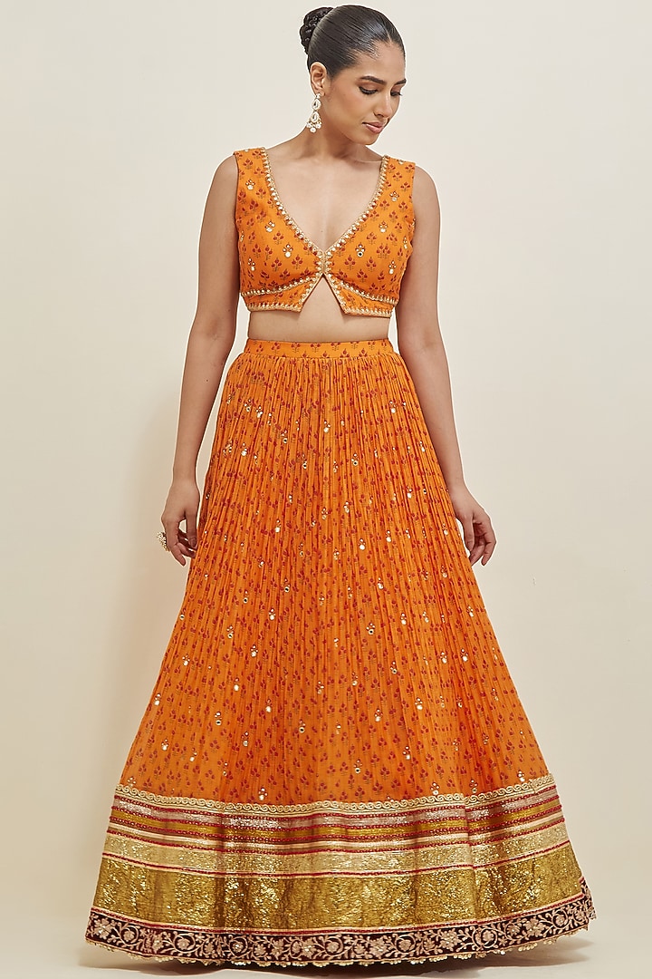 Orange Chanderi Block Printed & Embroidered Wedding Lehenga Set by Ikshita Choudhary at Pernia's Pop Up Shop