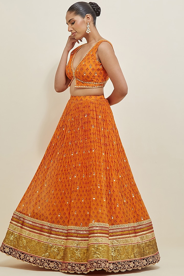 Orange Chanderi Block Printed & Embroidered Wedding Lehenga Set by Ikshita Choudhary at Pernia's Pop Up Shop