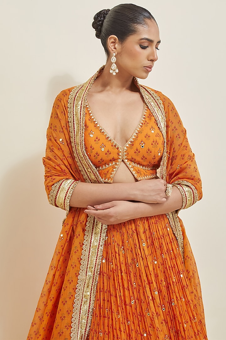 Orange Chanderi Block Printed & Embroidered Wedding Lehenga Set by Ikshita Choudhary at Pernia's Pop Up Shop