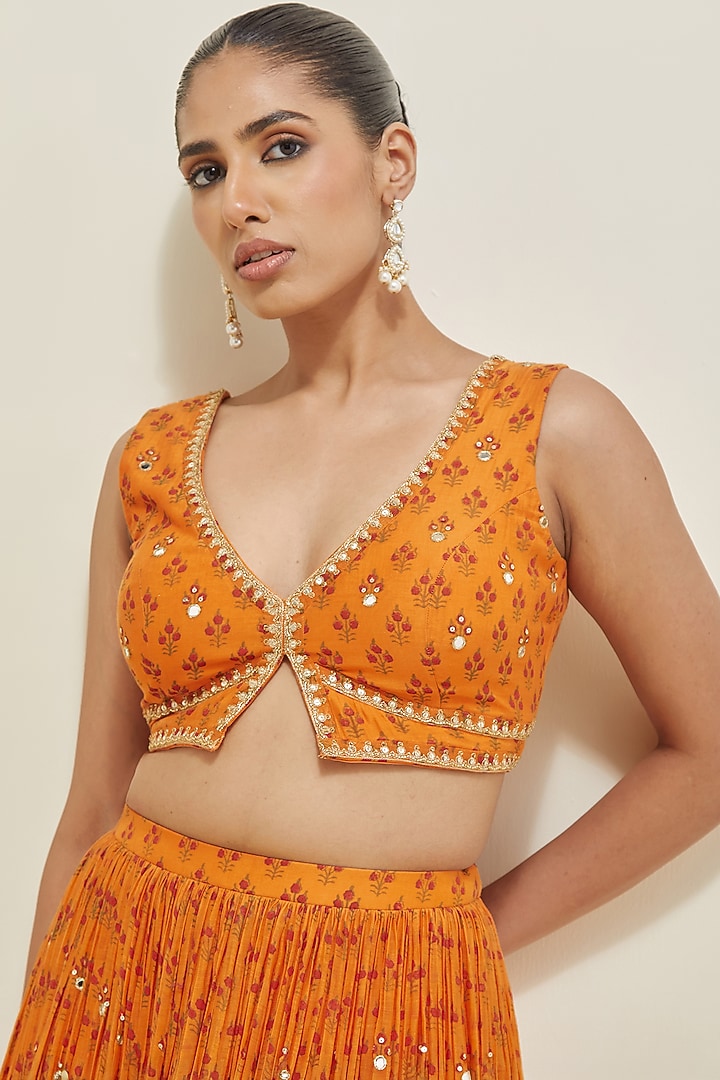 Orange Chanderi Block Printed & Embroidered Wedding Lehenga Set by Ikshita Choudhary at Pernia's Pop Up Shop