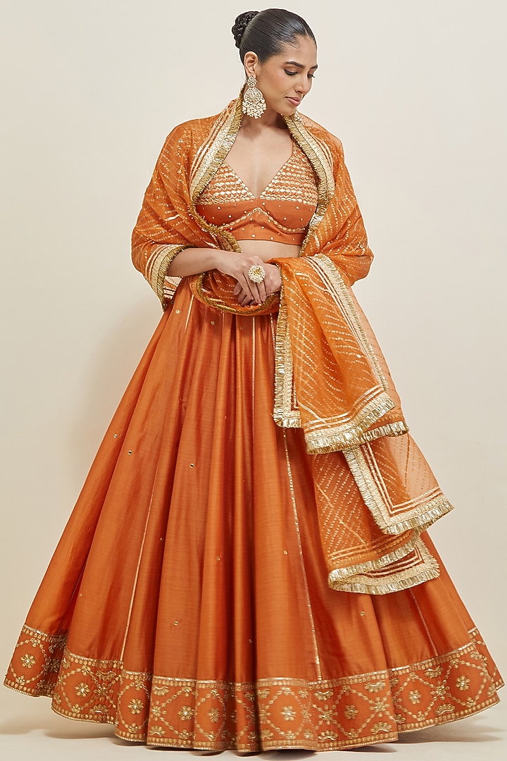 Orange Chanderi Sequins Embroidered Wedding Lehenga Set by Ikshita Choudhary at Pernia's Pop Up Shop