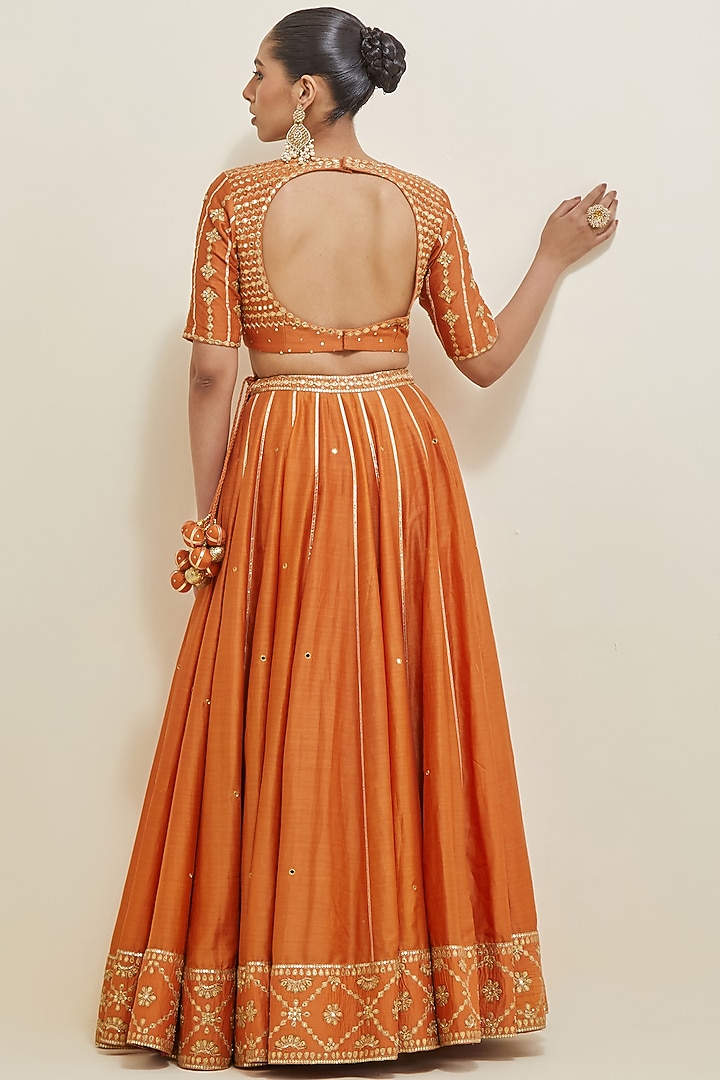 Orange Chanderi Sequins Embroidered Wedding Lehenga Set by Ikshita Choudhary at Pernia's Pop Up Shop