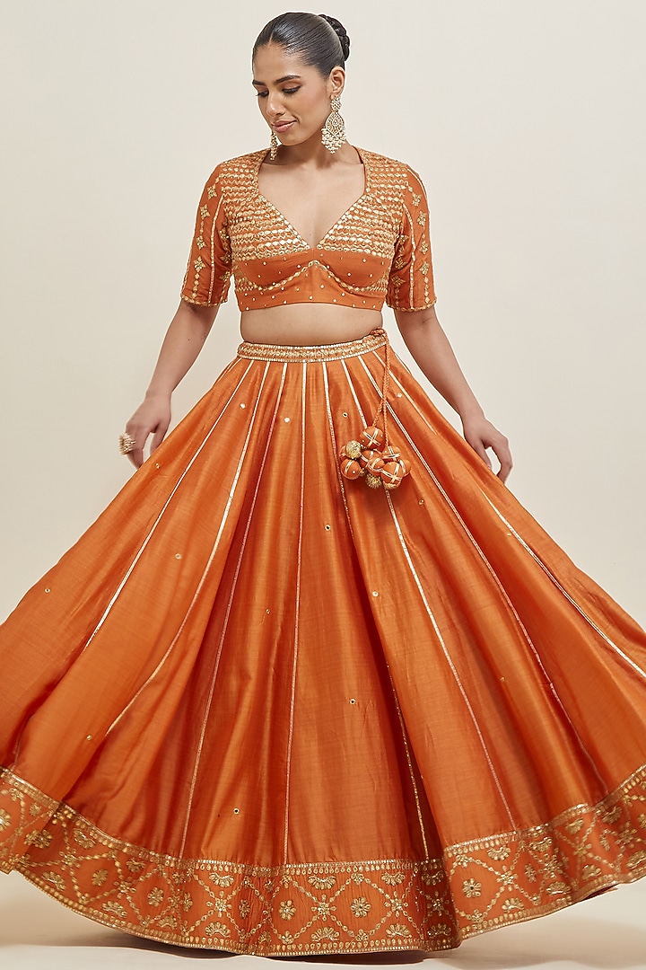 Orange Chanderi Sequins Embroidered Wedding Lehenga Set by Ikshita Choudhary at Pernia's Pop Up Shop