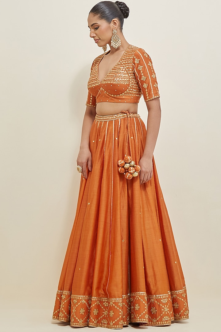Orange Chanderi Sequins Embroidered Wedding Lehenga Set by Ikshita Choudhary at Pernia's Pop Up Shop