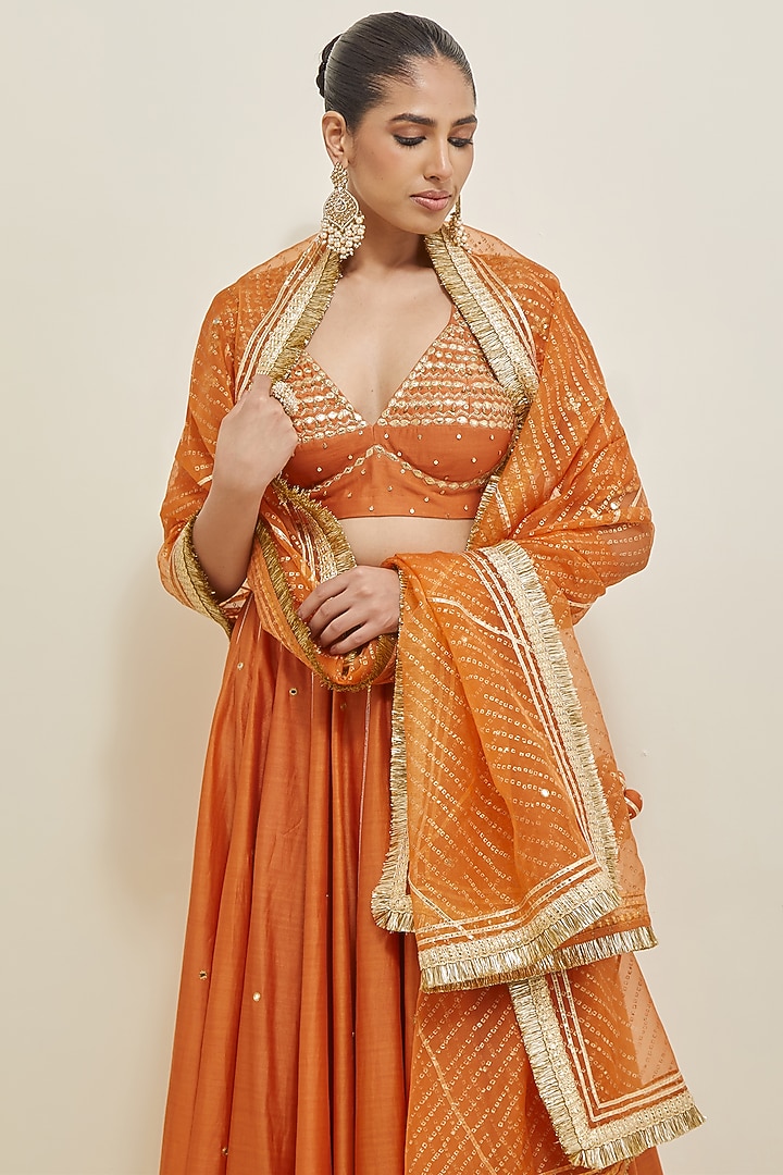 Orange Chanderi Sequins Embroidered Wedding Lehenga Set by Ikshita Choudhary at Pernia's Pop Up Shop