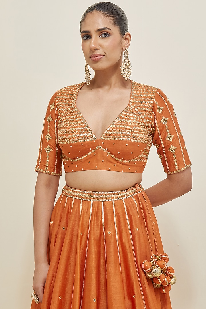 Orange Chanderi Sequins Embroidered Wedding Lehenga Set by Ikshita Choudhary at Pernia's Pop Up Shop