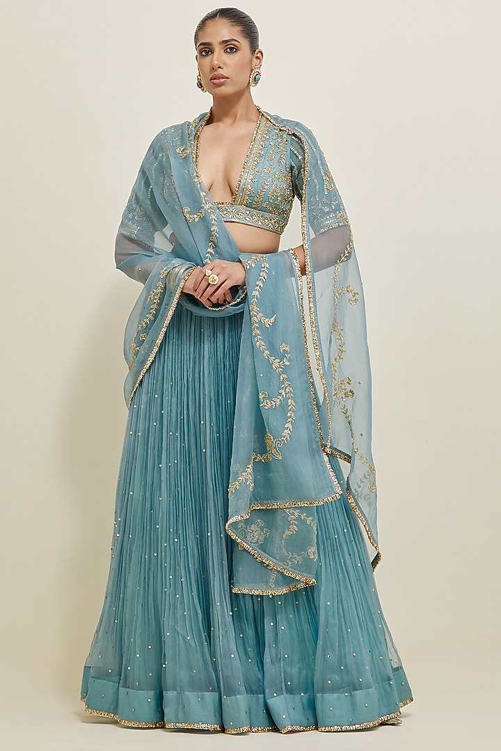 Aqua Blue Organza Hand Embroidered Wedding Lehenga Set by Ikshita Choudhary at Pernia's Pop Up Shop