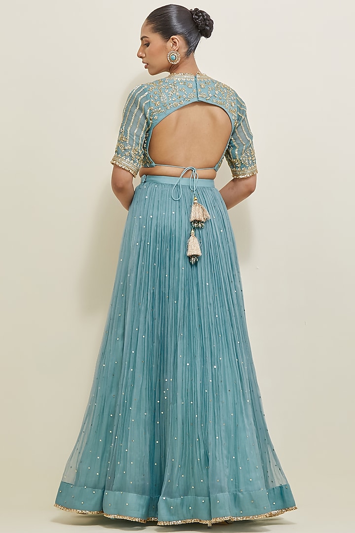 Aqua Blue Organza Hand Embroidered Wedding Lehenga Set by Ikshita Choudhary at Pernia's Pop Up Shop