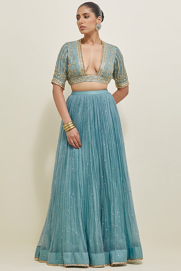 Aqua Blue Organza Hand Embroidered Wedding Lehenga Set by Ikshita Choudhary at Pernia's Pop Up Shop