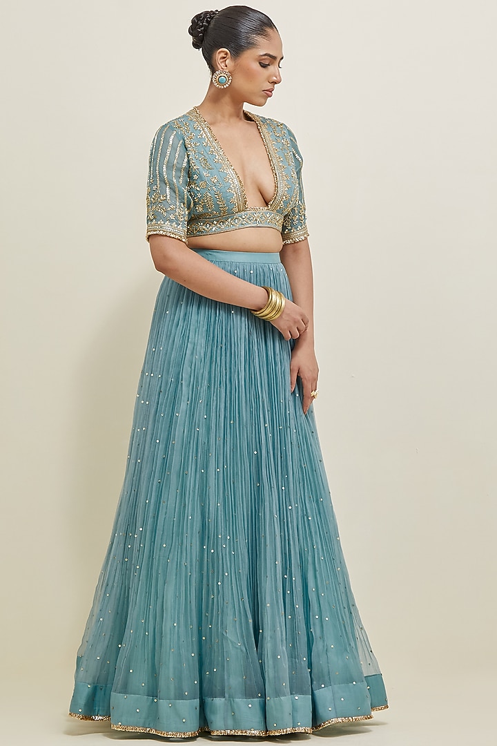 Aqua Blue Organza Hand Embroidered Wedding Lehenga Set by Ikshita Choudhary at Pernia's Pop Up Shop