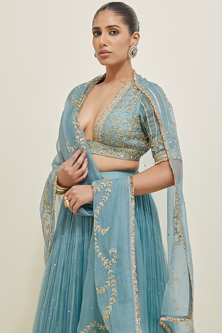 Aqua Blue Organza Hand Embroidered Wedding Lehenga Set by Ikshita Choudhary at Pernia's Pop Up Shop