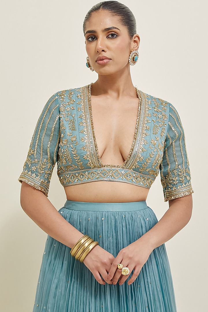 Aqua Blue Organza Hand Embroidered Wedding Lehenga Set by Ikshita Choudhary at Pernia's Pop Up Shop