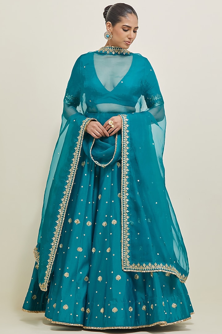 Turquoise Chanderi Hand Embroidered Wedding Lehenga Set by Ikshita Choudhary at Pernia's Pop Up Shop