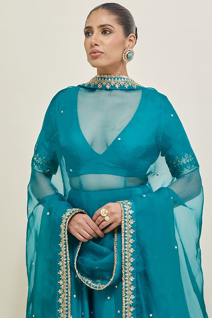 Turquoise Chanderi Hand Embroidered Wedding Lehenga Set by Ikshita Choudhary at Pernia's Pop Up Shop