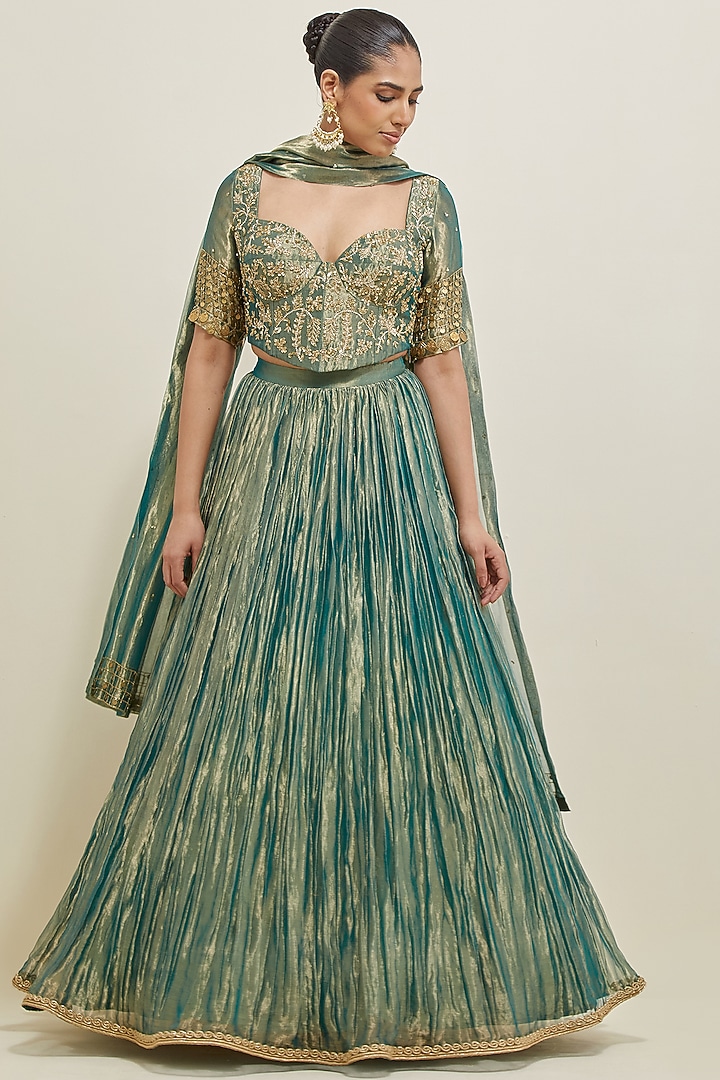 Sea Green Shimmer Organza Hand Embroidered Wedding Lehenga Set by Ikshita Choudhary at Pernia's Pop Up Shop