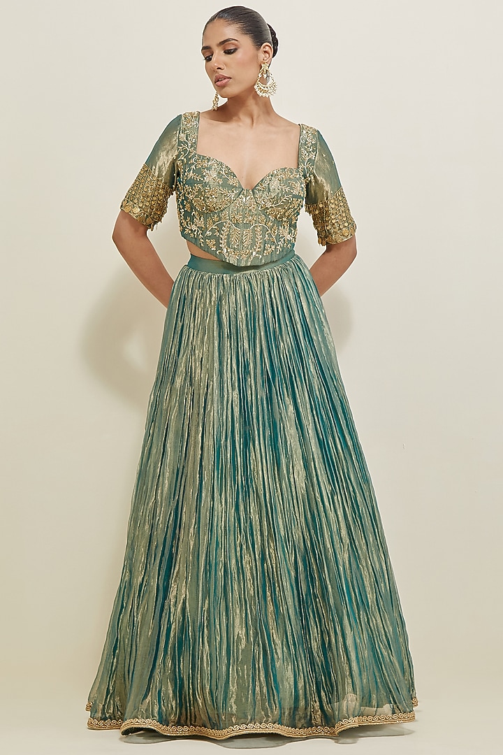 Sea Green Shimmer Organza Hand Embroidered Wedding Lehenga Set by Ikshita Choudhary at Pernia's Pop Up Shop