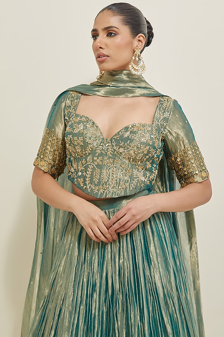Sea Green Shimmer Organza Hand Embroidered Wedding Lehenga Set by Ikshita Choudhary at Pernia's Pop Up Shop