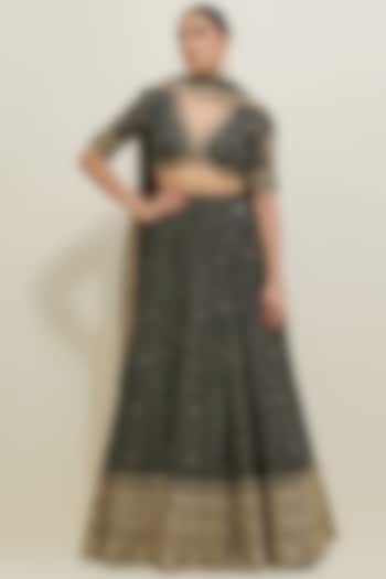 Black Chanderi Hand Embroidered Wedding Lehenga Set by Ikshita Choudhary at Pernia's Pop Up Shop