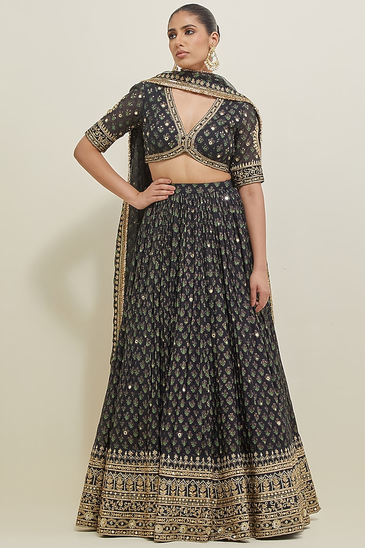 Black Chanderi Hand Embroidered Wedding Lehenga Set by Ikshita Choudhary at Pernia's Pop Up Shop