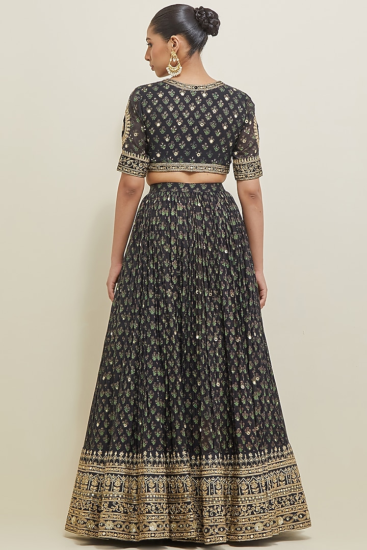 Black Chanderi Hand Embroidered Wedding Lehenga Set by Ikshita Choudhary at Pernia's Pop Up Shop