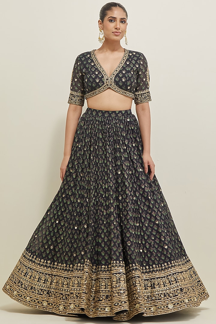 Black Chanderi Hand Embroidered Wedding Lehenga Set by Ikshita Choudhary at Pernia's Pop Up Shop