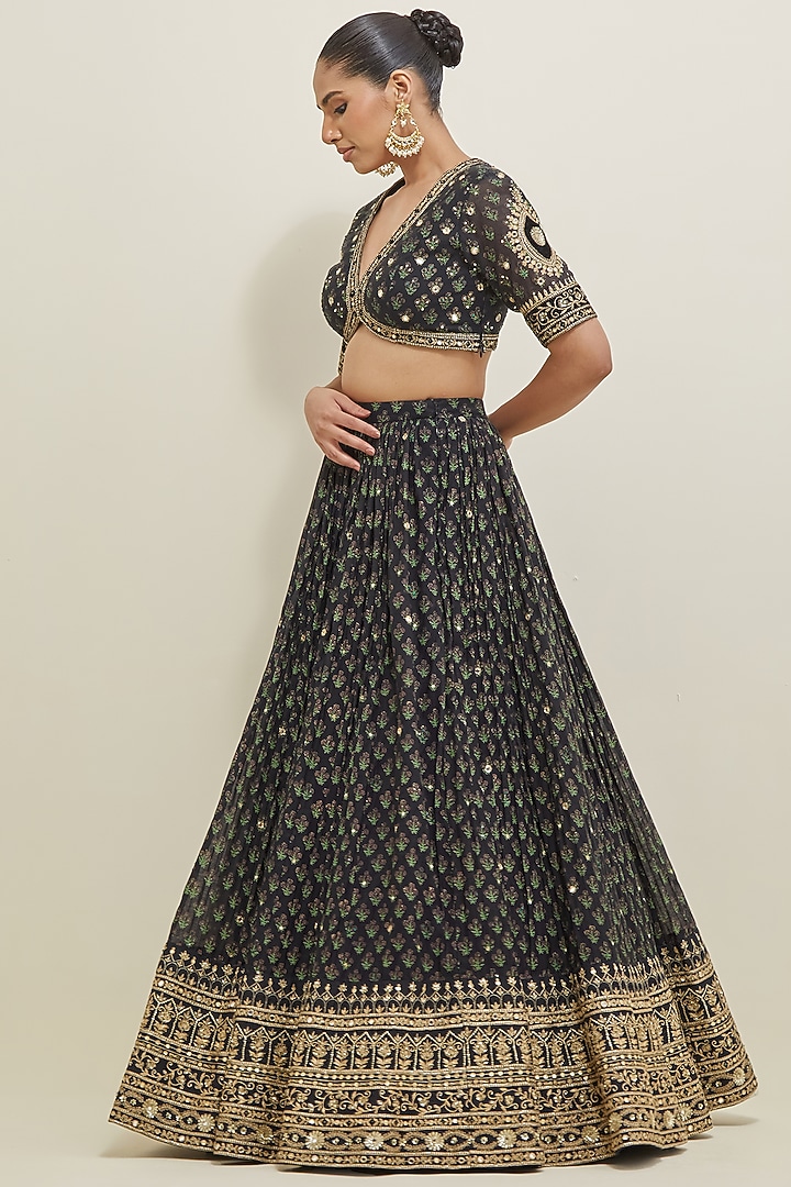 Black Chanderi Hand Embroidered Wedding Lehenga Set by Ikshita Choudhary at Pernia's Pop Up Shop