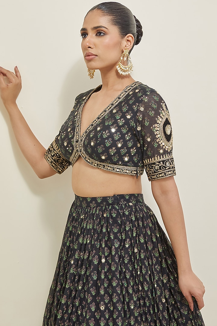 Black Chanderi Hand Embroidered Wedding Lehenga Set by Ikshita Choudhary at Pernia's Pop Up Shop
