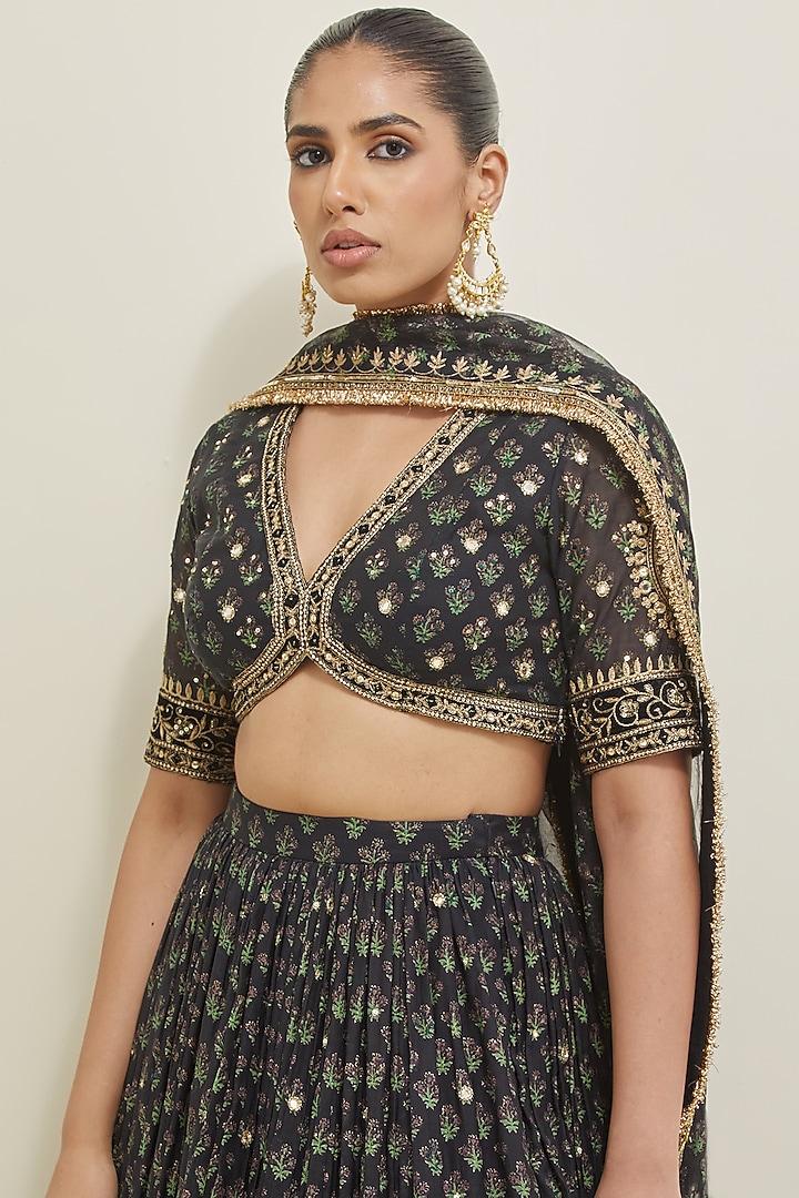 Black Chanderi Hand Embroidered Wedding Lehenga Set by Ikshita Choudhary at Pernia's Pop Up Shop