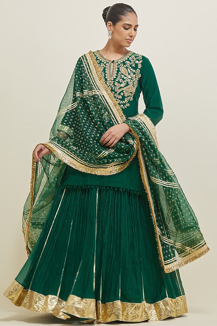 Forest Green Chanderi Hand Embroidered Wedding Lehenga Set by Ikshita Choudhary at Pernia's Pop Up Shop