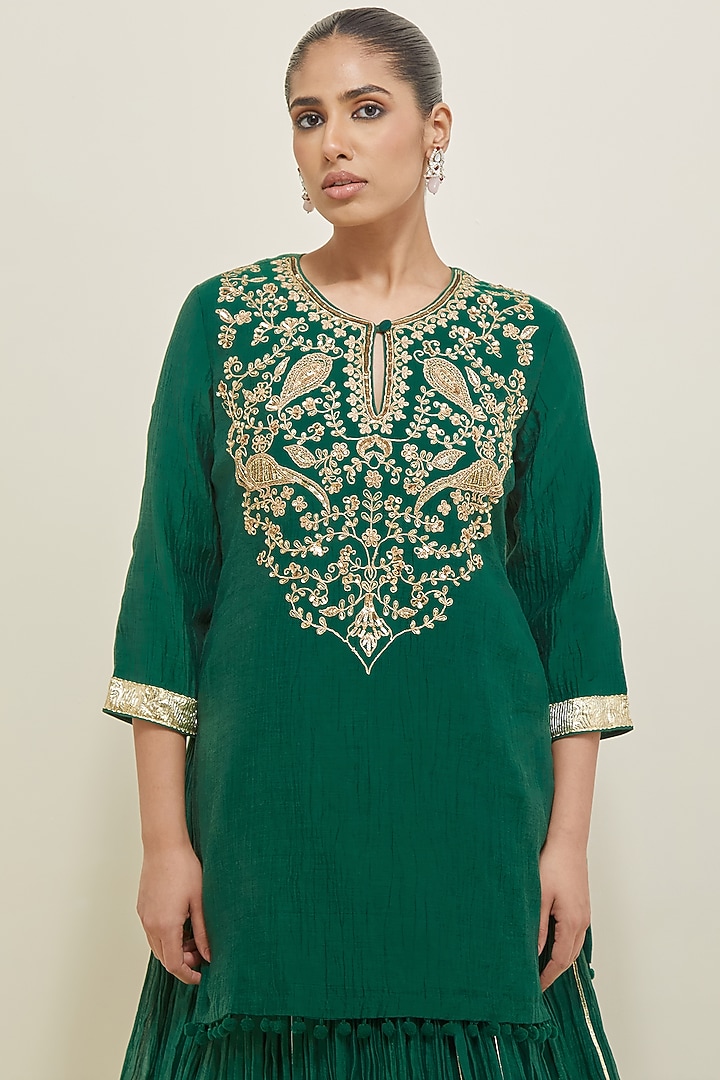 Forest Green Chanderi Hand Embroidered Wedding Lehenga Set by Ikshita Choudhary at Pernia's Pop Up Shop