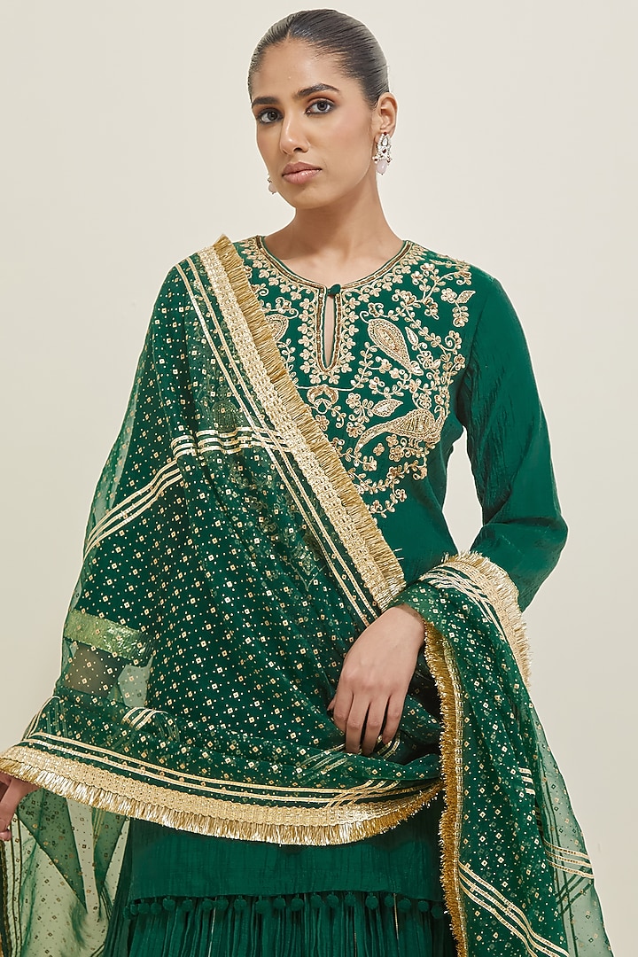 Forest Green Chanderi Hand Embroidered Wedding Lehenga Set by Ikshita Choudhary at Pernia's Pop Up Shop
