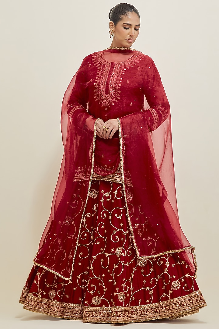 Deep Red Chanderi Hand Embroidered Wedding Lehenga Set by Ikshita Choudhary at Pernia's Pop Up Shop