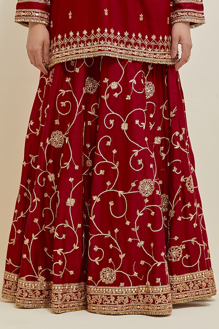 Deep Red Chanderi Hand Embroidered Wedding Lehenga Set by Ikshita Choudhary at Pernia's Pop Up Shop