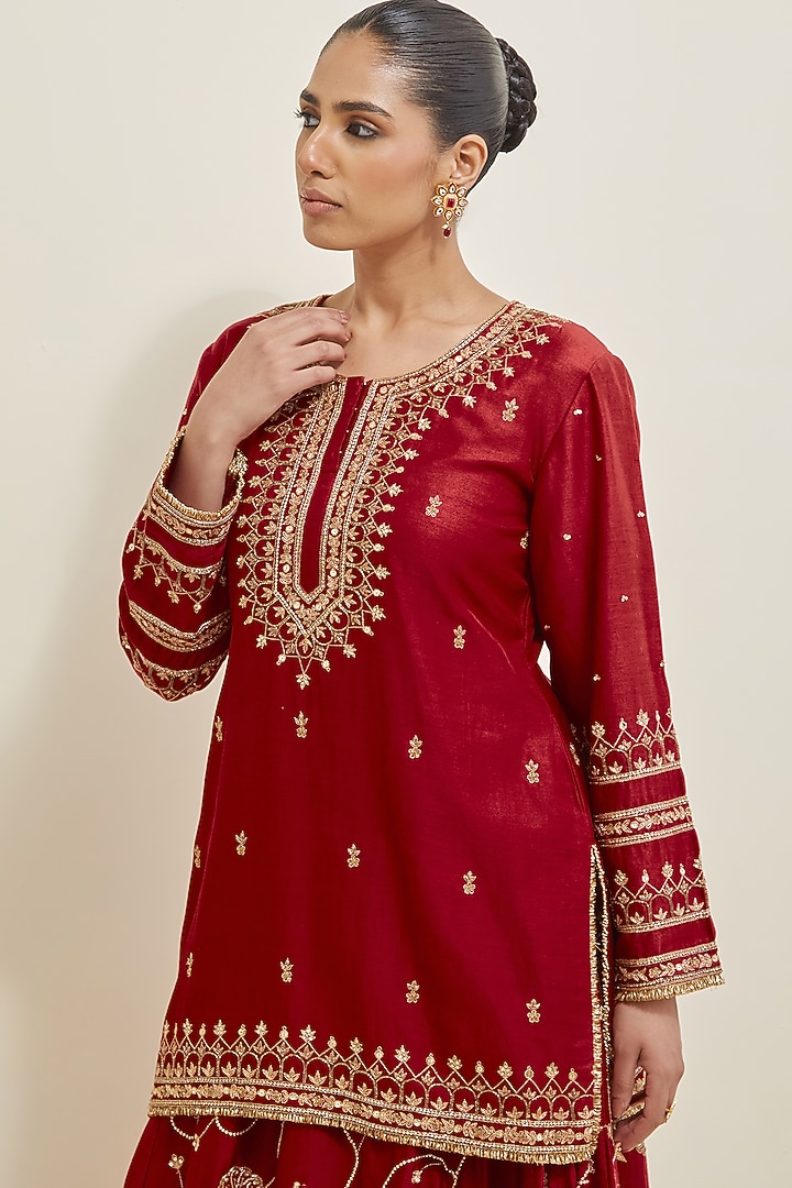 Deep Red Chanderi Hand Embroidered Wedding Lehenga Set by Ikshita Choudhary at Pernia's Pop Up Shop