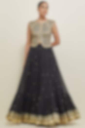 Black Chanderi Hand Embroidered Wedding Lehenga Set by Ikshita Choudhary at Pernia's Pop Up Shop