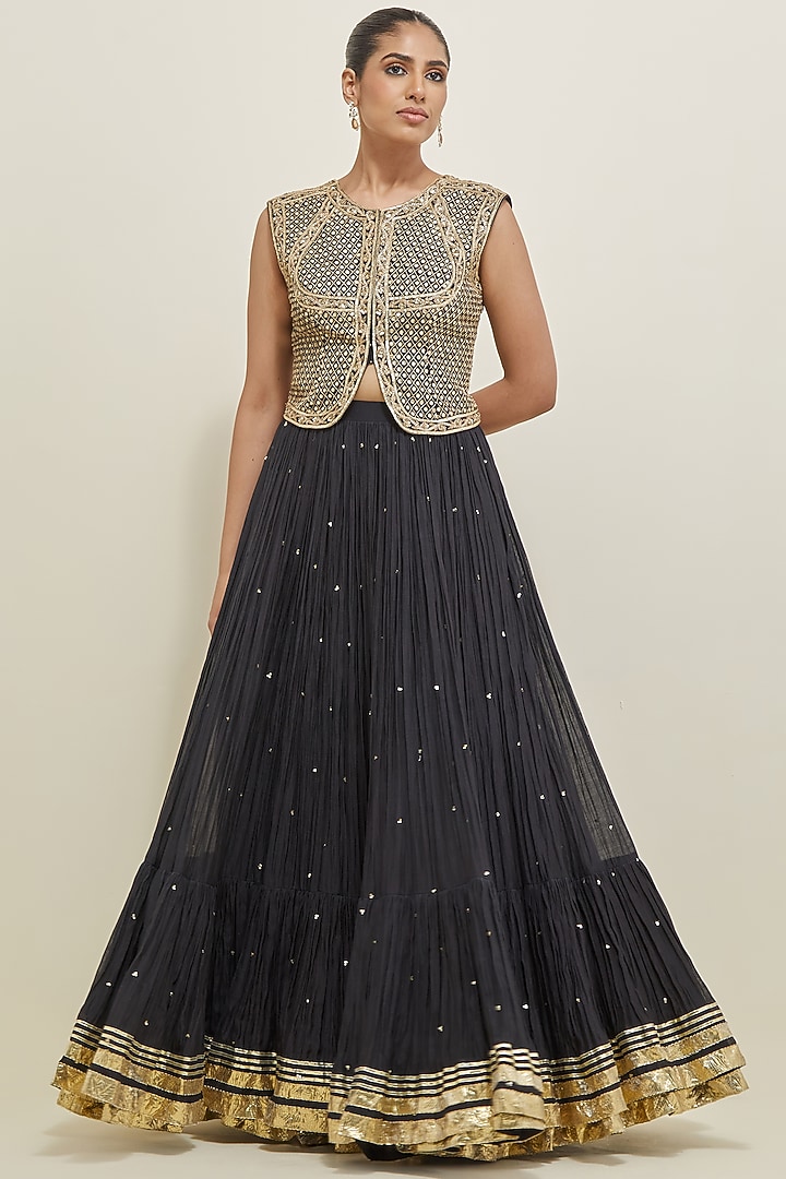 Black Chanderi Hand Embroidered Wedding Lehenga Set by Ikshita Choudhary at Pernia's Pop Up Shop
