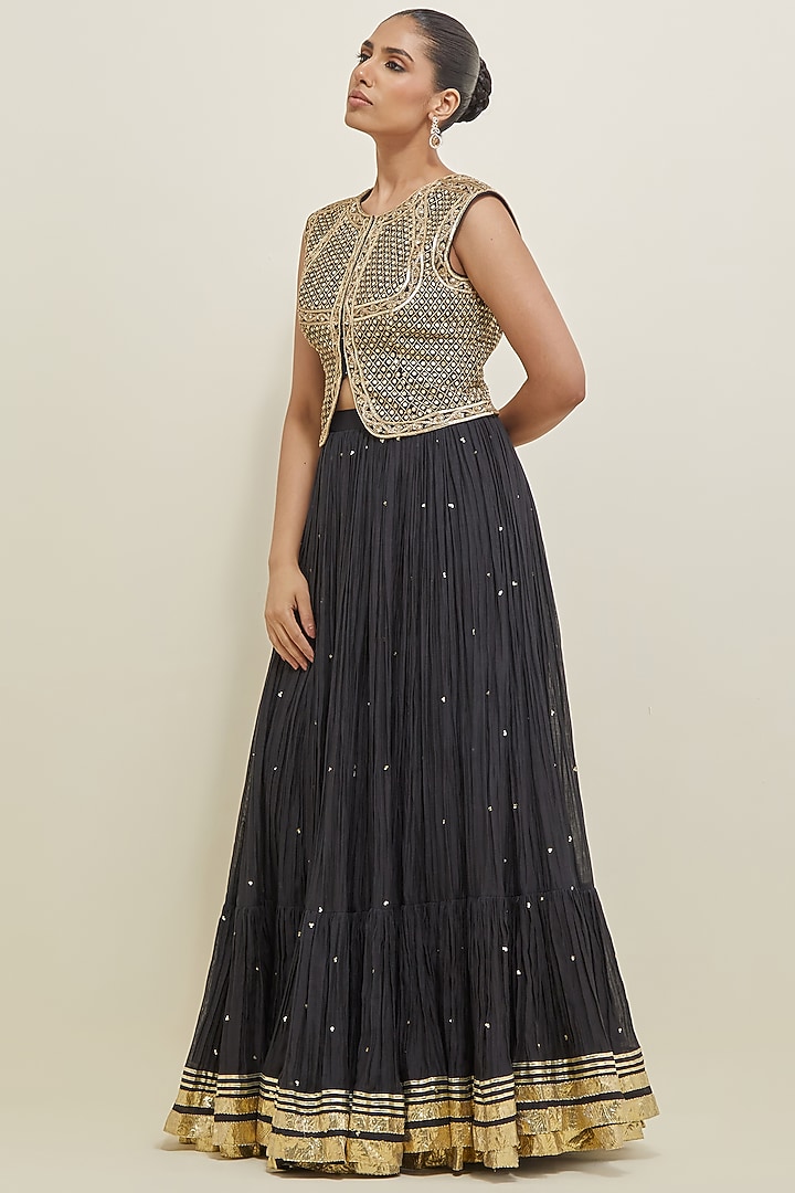 Black Chanderi Hand Embroidered Wedding Lehenga Set by Ikshita Choudhary at Pernia's Pop Up Shop
