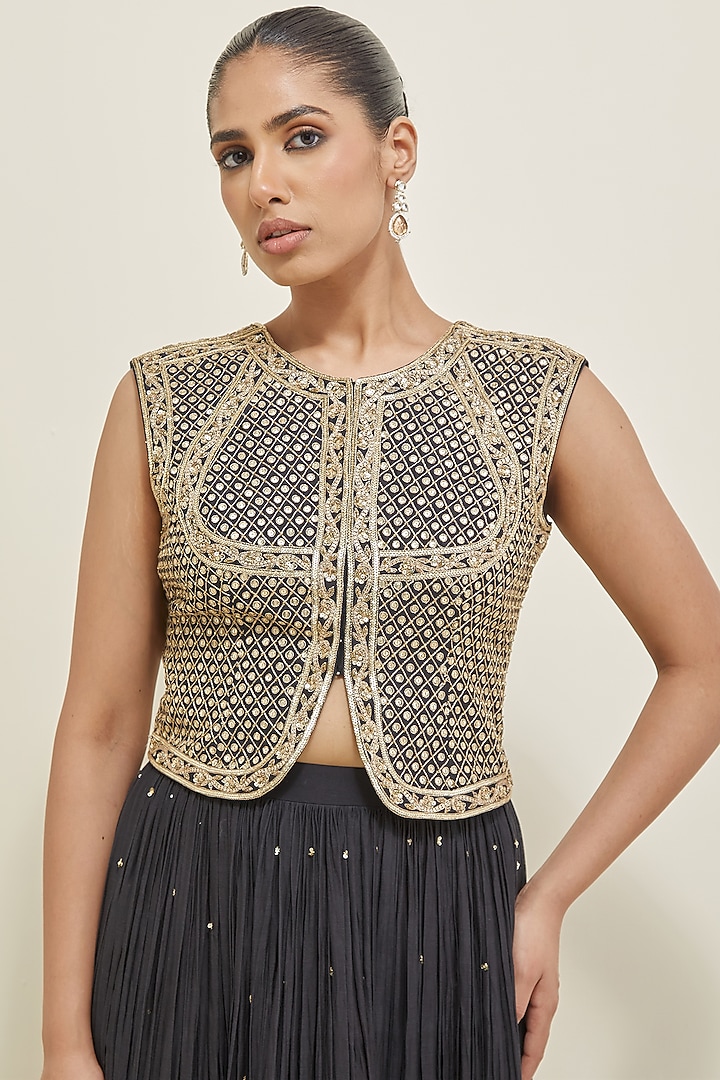 Black Chanderi Hand Embroidered Wedding Lehenga Set by Ikshita Choudhary at Pernia's Pop Up Shop