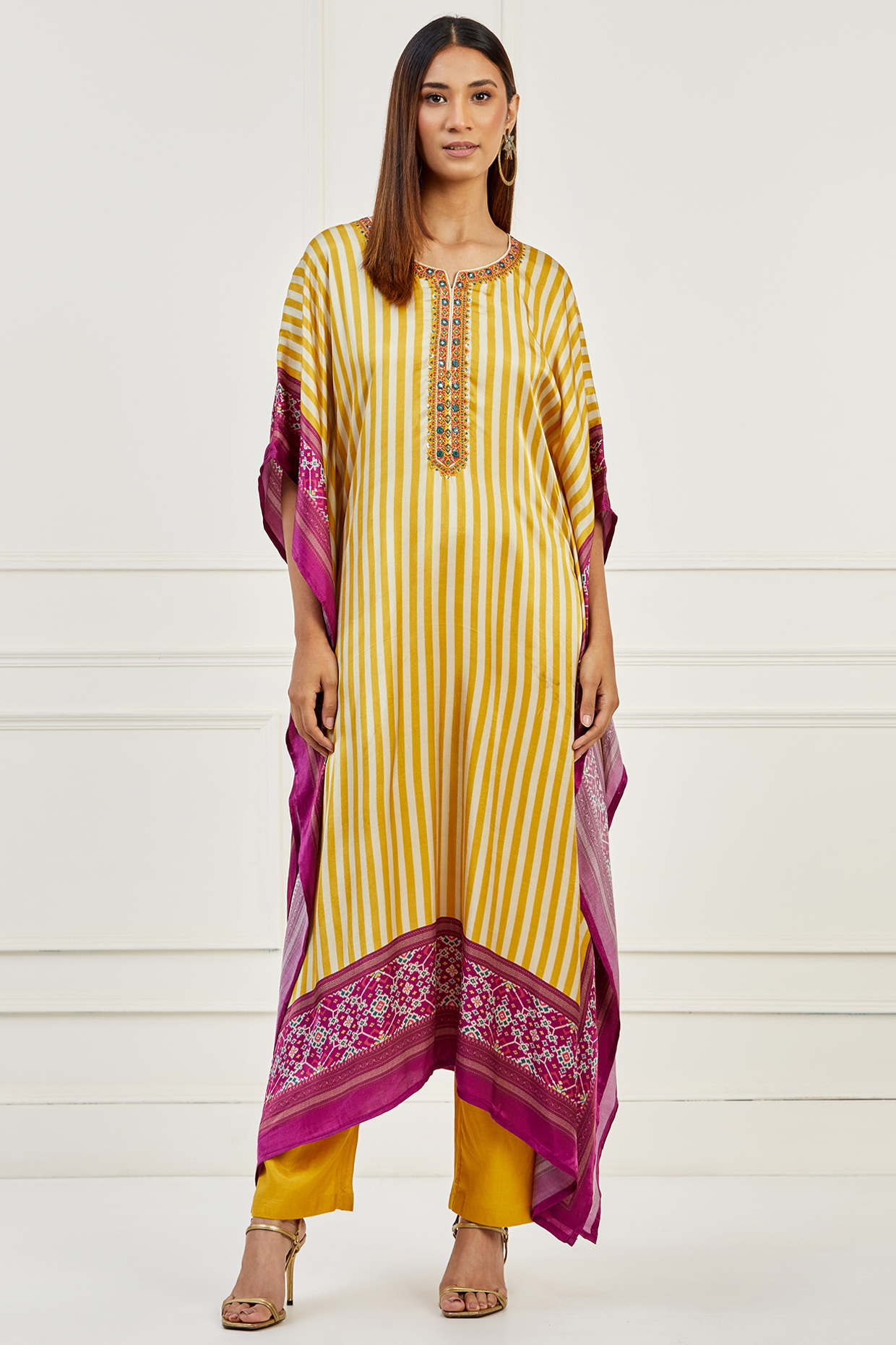 Yellow & Magenta Printed Kaftan Set by Ikshita Choudhary at Pernia's Pop Up Shop