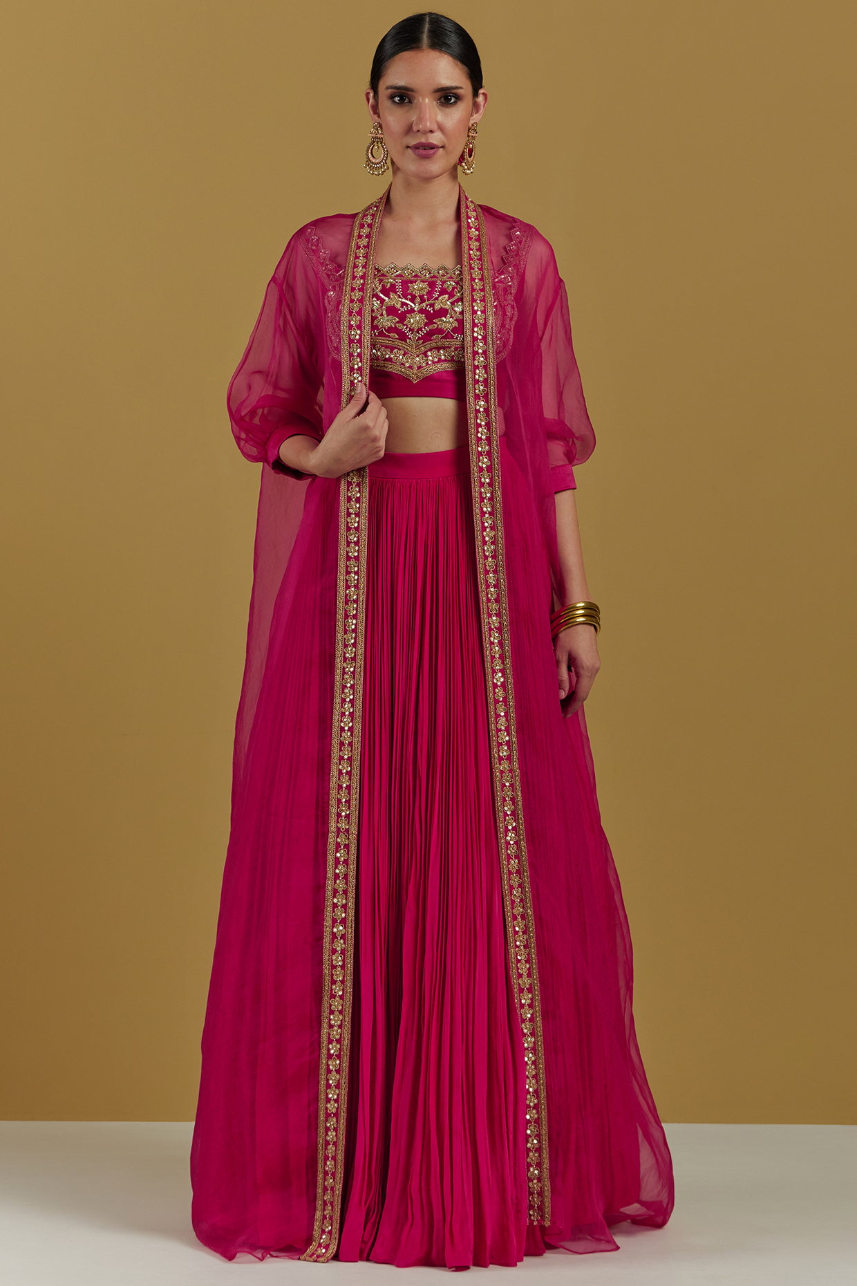 Magenta Organza Lehenga Set by Ikshita Choudhary