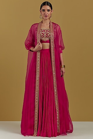 Magenta Organza Lehenga Set by Ikshita Choudhary