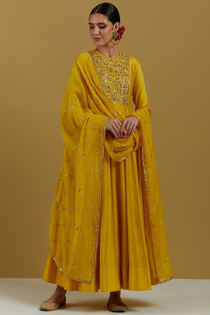 Yellow Embroidered Anarkali Set by Ikshita Choudhary