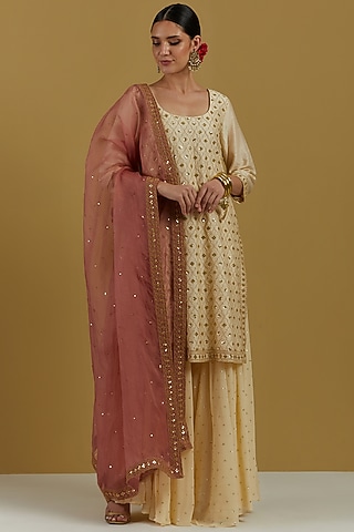 Beige Embroidered Sharara Set by Ikshita Choudhary