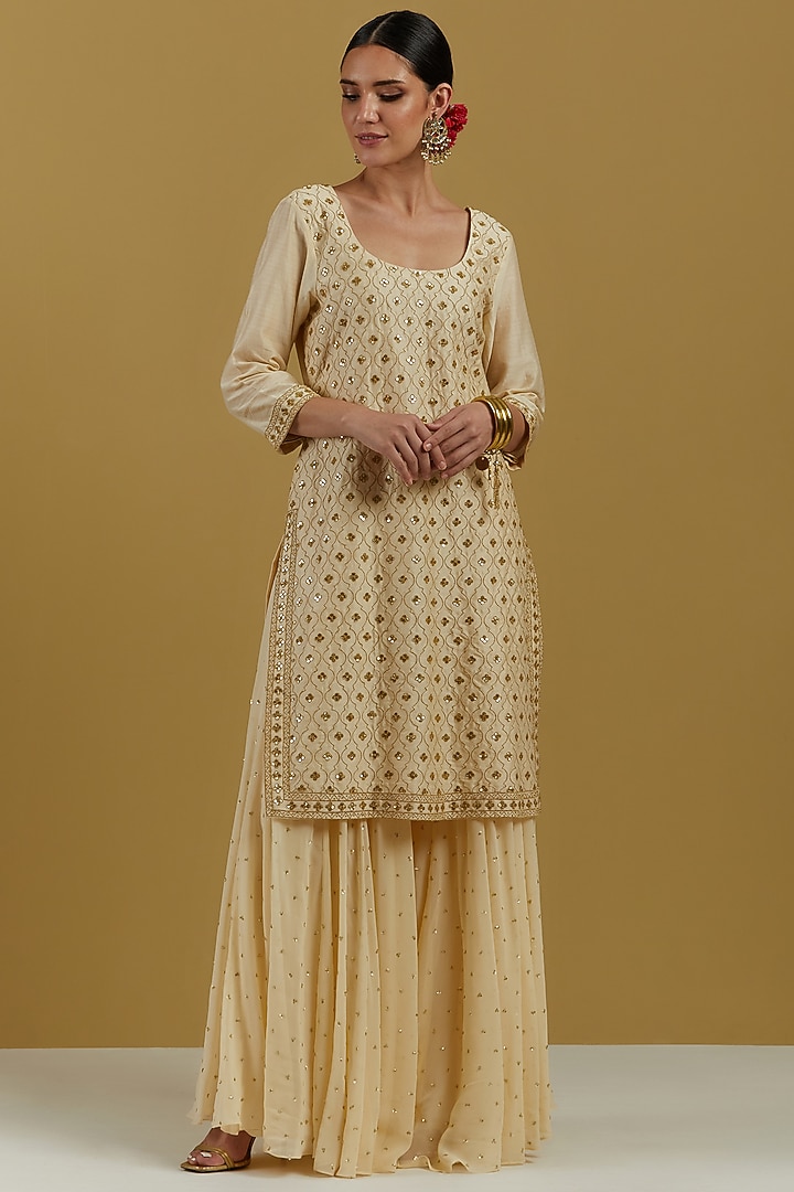 Beige Embroidered Party Wear Sharara Set by Ikshita Choudhary at Pernia's Pop Up Shop